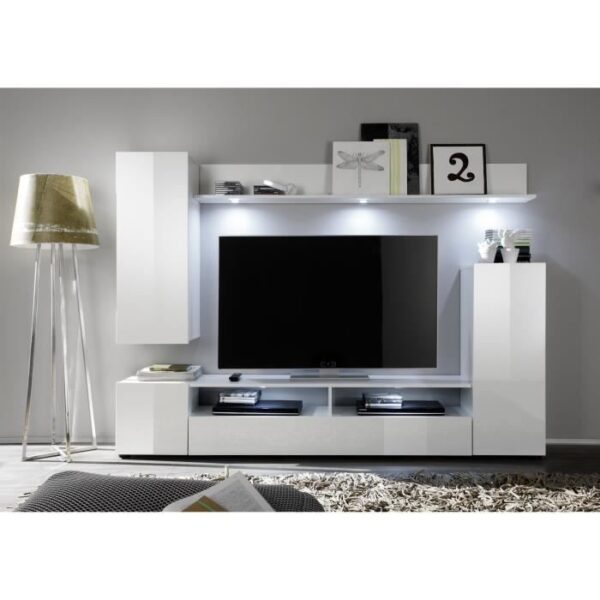 Ensemble meuble TV DOS - éclairage LED inclus - 3 Portes - Mélamine blanc mat et brillant - L208 x P33 x H165 cm