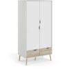 Armoire - Blanc / Chene - 2 portes / 2 tiroirs - Pietement évasé en bois massif - Chambre - 98