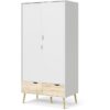 Armoire - Blanc / Chene - 2 portes / 2 tiroirs - Pietement évasé en bois massif - Chambre - 98,7 x 58,1 x 200,1 cm – Image 6