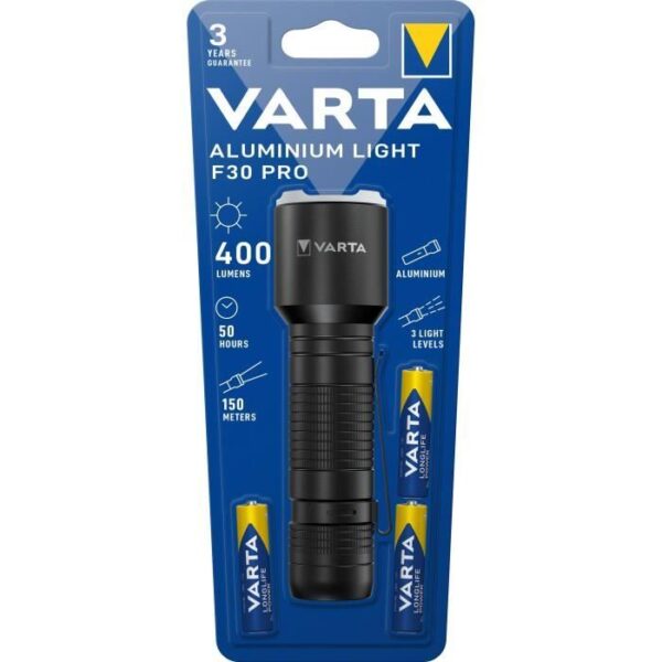 Torche-VARTA-Aluminium Light F30 Pro-400lm-LED hautes performances-3 modes d'éclairage-clip poche-3 Piles AAA incluses