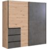 Armoire 2 portes coulissantes 3 tiroirs - Décor chene artisan et béton gris - L 200