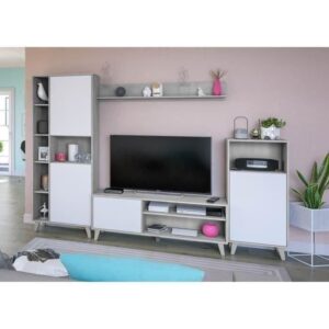 Ensemble meuble TV modulable - Zoe - Ouverture PUSH - Blanc Artik et gris ciment - L260 x P33 x H184 cm