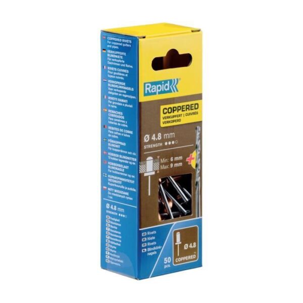 RAPID - Rivets cuivre Ø4,8 x 12mm, rivets aveugles pour placo, paroies creuses - Boîte 50 + 1 Foret - (5001467)