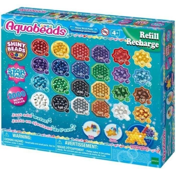 Aquabeads Recharge perles éclats, Coffret 2000 perles de 8 couleurs et 3 formes, perles qui collent avec de l'eau, 31995, Des 4 ans