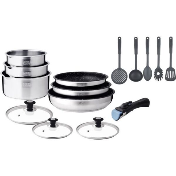 Batterie de cuisine induction - Arthur Martin - AM1275 - Acier inoxydable - 15 pieces - Poignée amovible - Tous feux dont induction