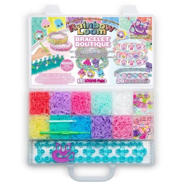 Coffret fabrication automatique de bracelets élastiques - BANDAI - Rainbow Loom Boutique - Contient 4000 Élastiques, Beadmojis...
