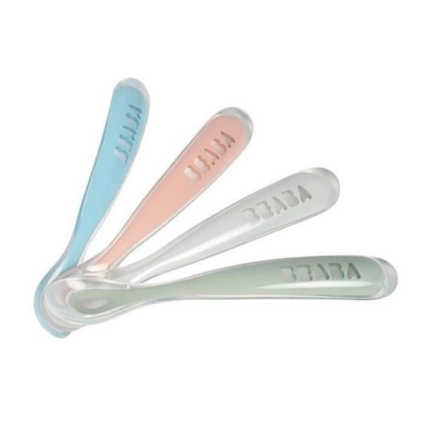 Cuilleres 1er âge en silicone - BEABA - Lot de 4 - Bleu, vert, rose - Souples pour les gencives