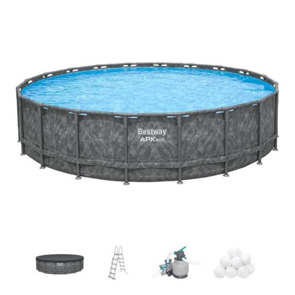 Kit piscine hors sol tubulaire BESTWAY - APX 365  - 671 x 132 cm - Ronde (Filtre a sable, 500 g polysphere, échelle, bâche)