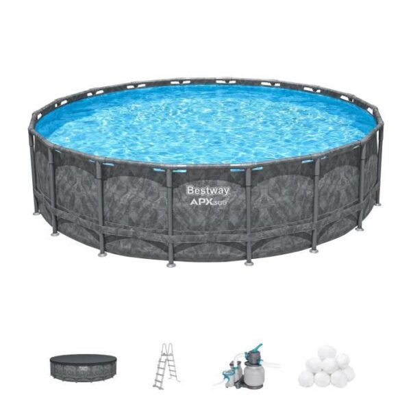Kit Piscine hors sol tubulaire BESTWAY - APX 365 - 549 x 132 cm - Ronde (Filtre a sable, 250 g polysphere, échelle, bâche)