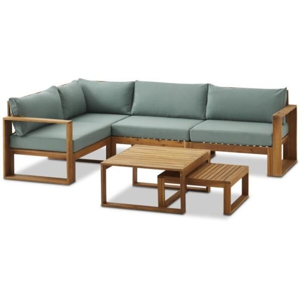 Salon de jardin d'angle modulable LEVATA OTTOMAN - Bois d'acacia FSC - 6 personnes - Bleu vert + Housse incluse