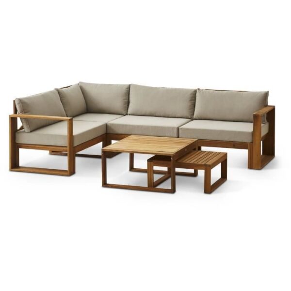 Salon de jardin d'angle modulable LEVATA OTTOMAN - Bois d'acacia FSC - 6 personnes - Gris de lin + Housse incluse