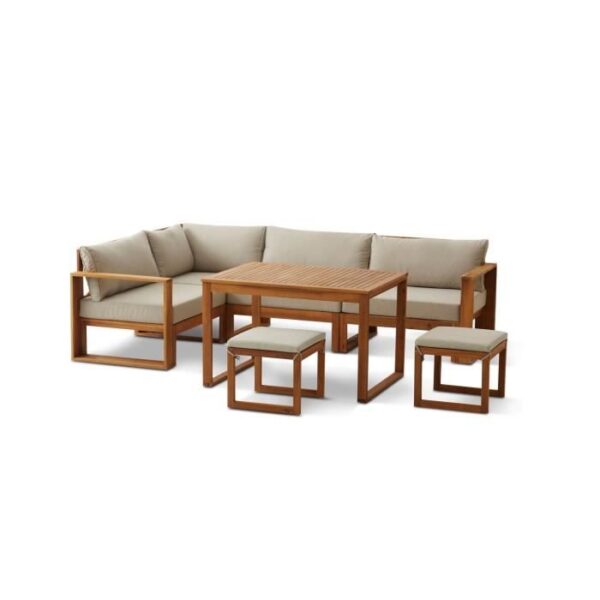 Salon de jardin d'angle modulable LEVATA DINING - Bois d'acacia FSC - 7 personnes - Gris de lin + Housse incluse