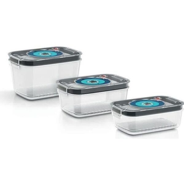 BOSCH - 3 boites de conservation sous vide hermétiques : 0,7L, 1,0L et 1,5L - Bac d'égouttement - Indicateur jour et mois - Tritan