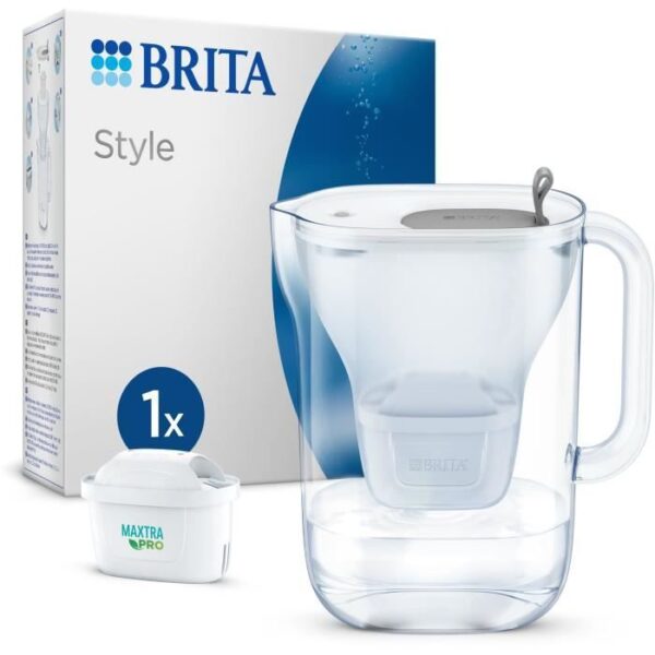 Carafe filtrante BRITA - Style Grise - Capacité 2,4L dont 1,4L d'eau filtrée - 1 Cartouche Maxtra Pro All-In-1 incluse
