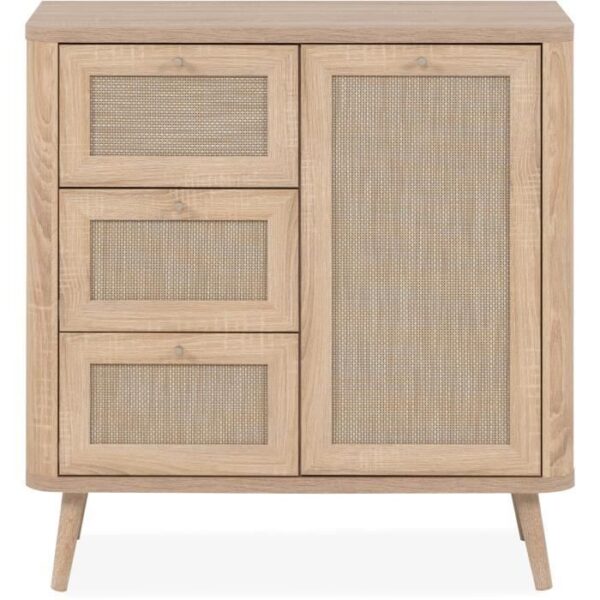 Commode - 3 tiroirs - 1 porte - Décor Cannage -  L80,9 x H84 x P40 cm