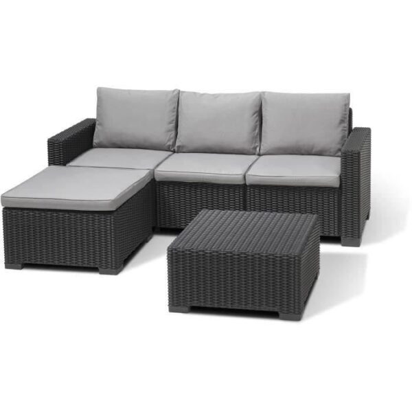 Salon de jardin en résine imitation rotin tressé - Gris graphite - Avec pouf et table basse - KETER - 4 personnes - CALIFORNIA
