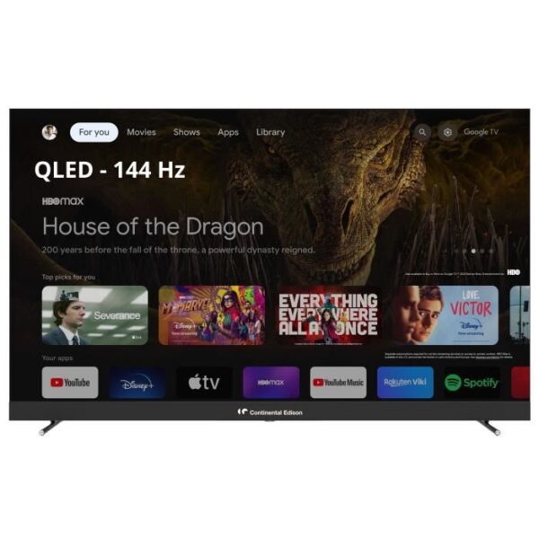 TV QLED UHD 4K GAMING - CONTINENTAL EDISON - 65 (164 cm) - Smart Google - Wifi Bluetooth - 144Hz - 4xHDMI -3xUSB - CELEDGAM65QV24B6