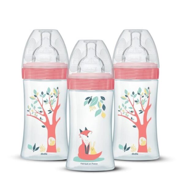 Lot de 3 biberons - DODIE - EB20 - 270 ml - Tétine plate - Rose