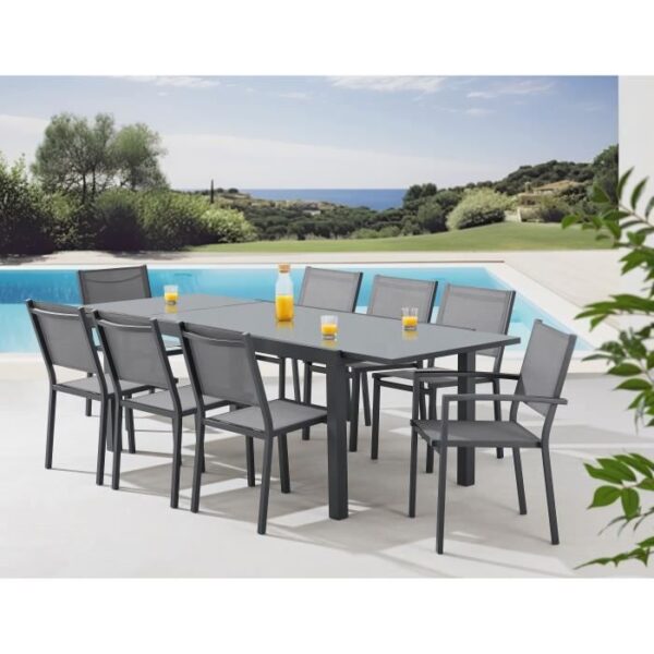 Ensemble repas de jardin 6 a 8 personnes : Table extensible 180-240 cm + 2 fauteuils + 6 chaises - Gris