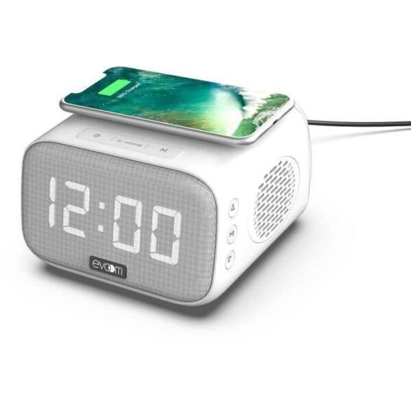 Réveil chargeur enceinte - EVOOM - EV304601 - Blanc avec chargeur sans fil et enceinte intégrée