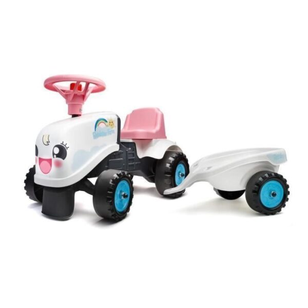 Porteur Tracteur Rainbow Farm - FALK - Volant directionnel avec klaxon - Blanc et Rose - 100% Fabriqué en France - Des 12 mois