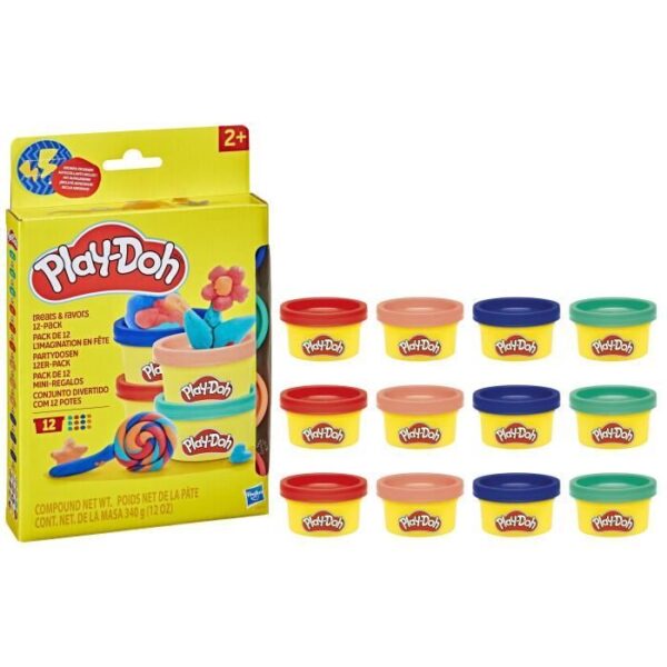 Play-Doh Pack de 12 L'imagination en fete, autocollants et pots de pâte a modeler de 28 g, petits cadeaux, loisirs créatifs pour enf