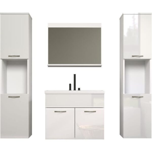Salle de bain complete - Blanc brillant - 2 colonnes a suspendre + Meuble vasque + miroir - HAVEN