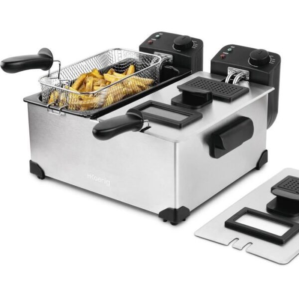 Friteuse HKoeNIG - DFX600 - Double Cuve 2x3L - Thermostats indépendants - Paniers amovibles  - Acier inoxydable - 3600W