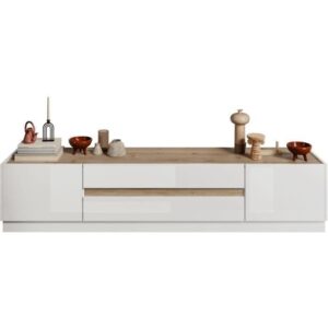 Meuble TV - FIRENZE - 2 portes - 2 tiroirs - Blanc laqué - Chene Cadiz - 205 x 40 x 44 cm