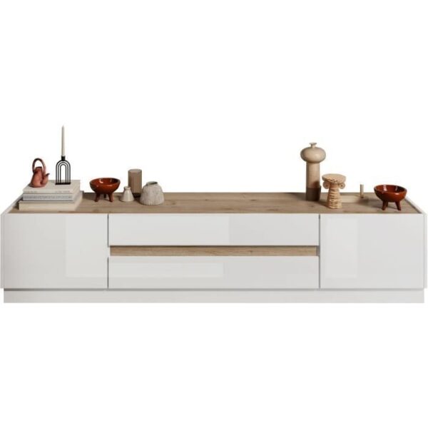 Meuble TV - FIRENZE - 2 portes - 2 tiroirs - Blanc laqué - Chene Cadiz - 205 x 40 x 44 cm