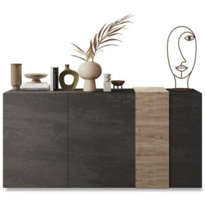 Buffet - VENEZIA - 3 portes - Gris titan mat - Chene Cadiz - 181 x 44 x 84 cm