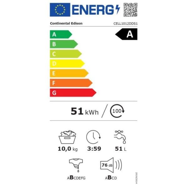 Lave-linge hublot - CONTINENTAL EDISON - CELL1012DDS1 - 10kg - Moteur induction directe - 60 cm - 1200 trs/min - Silver