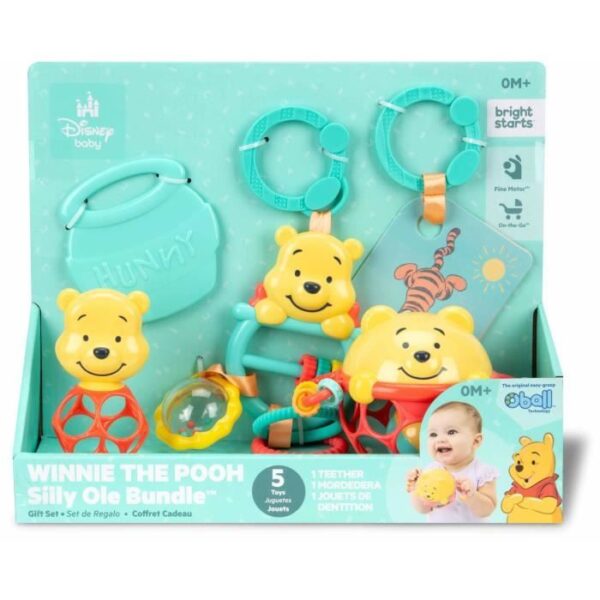 DISNEY BABY -WINNIE- Coffret cadeau de naissance bébé, 5 jouets dont 1 de dentition Winnie et O ball, hochet et attache poussette