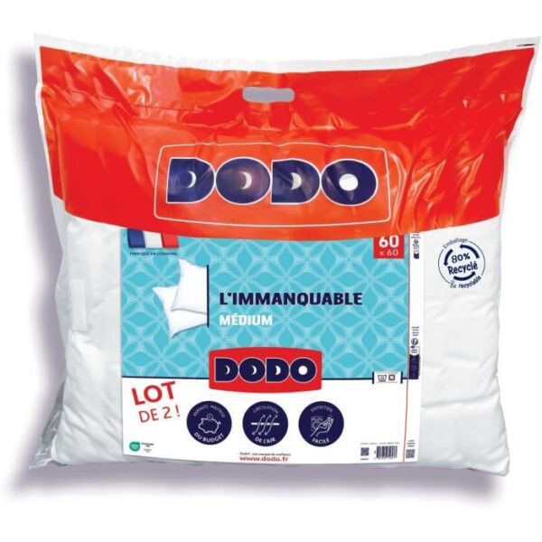 DODO Lot de 2 oreillers Médium - L'IMMANQUABLE - 60 x 60 cm - Blanc