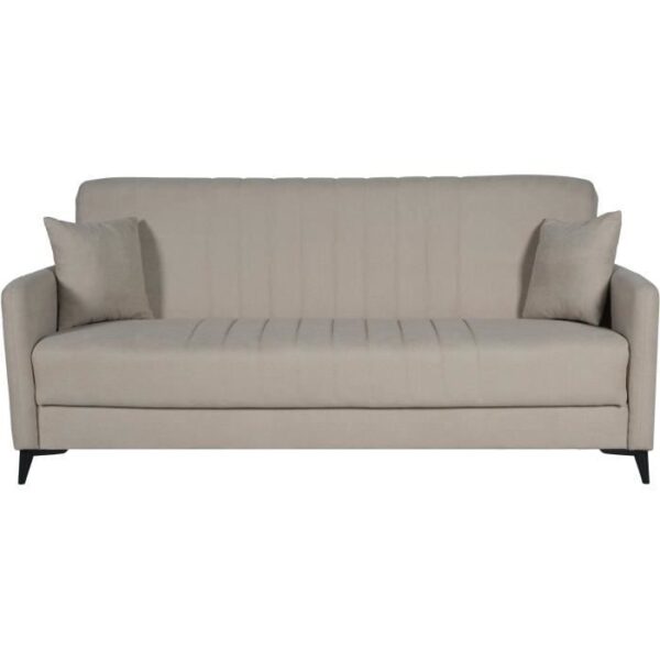 Canapé convertible - 3 places  - ENZO - Tissu beige - 2 coussins - Coffre de rangement -  211 x 92 x 98 cm