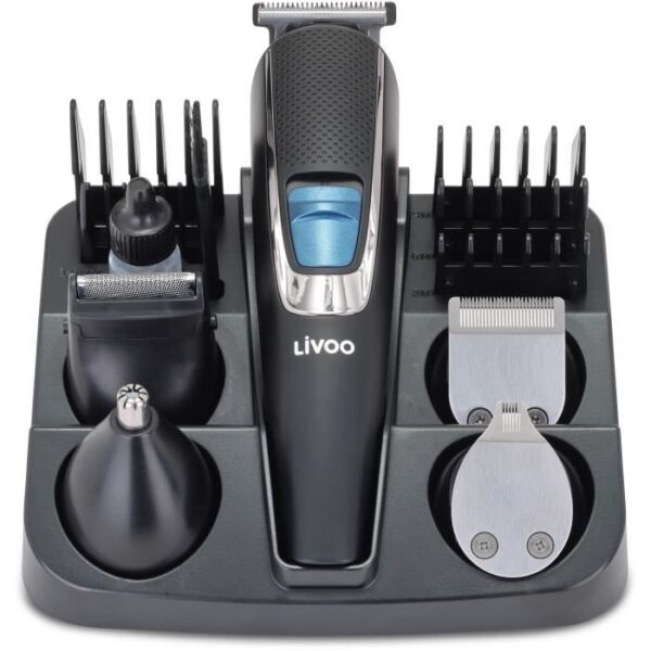 Set tondeuse multifonction - LIVOO - DOS187 - 3,7 W - 90 min - 5 tetes - 5 sabots - Socle de rangement - Noir / Bleu