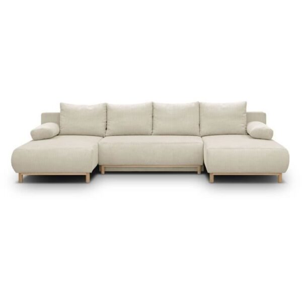 Canapé panoramique convertible - 6 places - MIKA - Velours côtelé Beige - Coffre de rangement - 313 x 84 x 145 cm