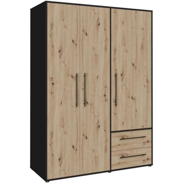 Armoire -  Décor Chene Artisan / Noir - 3 portes - L144,4 x P58,8 x H200cm - MOKKARIS
