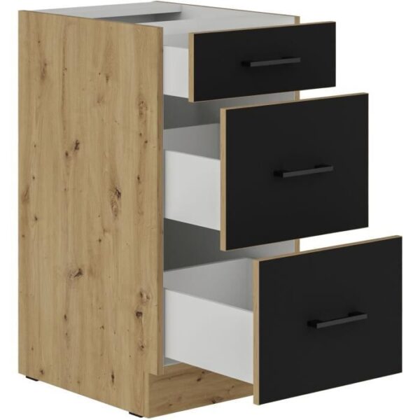 MODENA - Meuble bas casserolier - 3 tiroirs - 40 x 52 x 82 cm - Chene artisan / Noir mat - Plan de travail non inclus