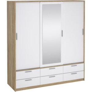 Armoire - Décor Blanc et chene  + miroir - 3 portes coulissantes - 6 tiroirs - L181,4 x P60,25 x H200 cm - ONTARIO