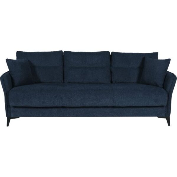Canapé convertible 3 places  - OTTOWA - Tissu bleu foncé - 2 coussins - Coffre de rangement -  217 x 92 x 85 cm