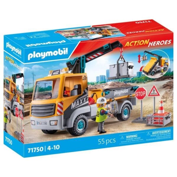 PLAYMOBIL 71750 Camion de chantier avec grue, ouvrier & accessoires, Action Heroes, La construction, 55 pieces, Des 4 ans