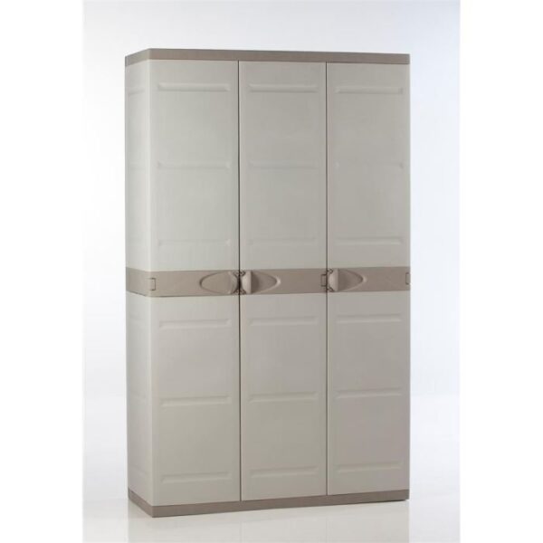 Armoire haute de rangement PLASTIKEN TITANIUM - 3 portes, étageres et penderie - Beige et Taupe
