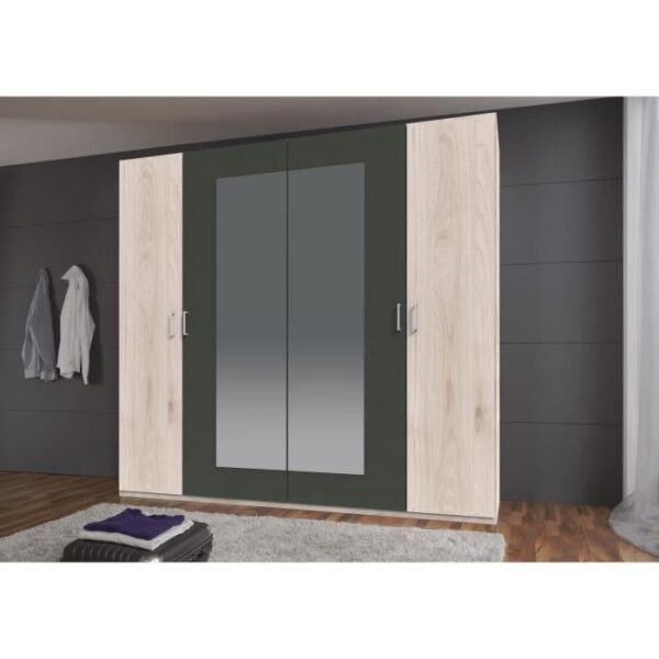 Armoire RHODES - 4 portes + miroirs - Décor Chene Hickory et gris -  L225 x P58 x H208 cm