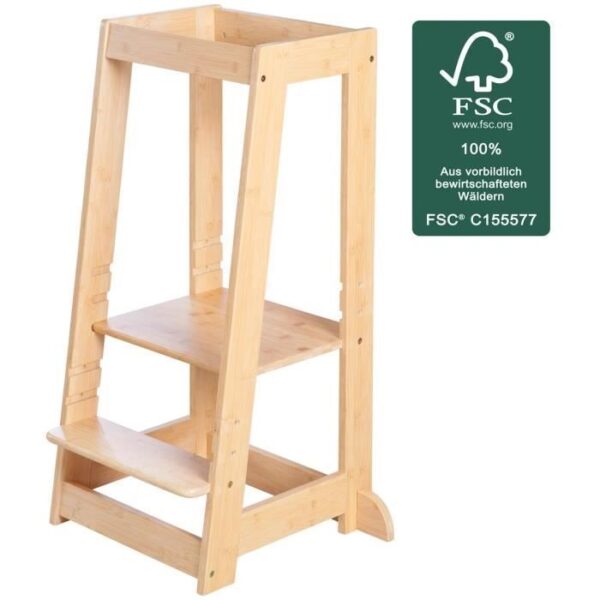 Tour d'apprentissage Montessori - ROBA - Bambou Certifié FSC - Réglable sur 3 niveaux de hauteur - Jusqu'a 80 Kg - Naturel