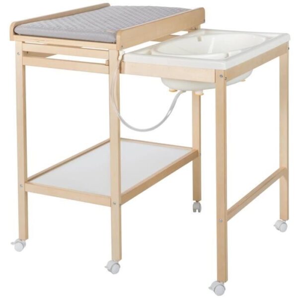 Table a langer avec baignoire coulissante - ROBA - Inclus matelas depérlant Roba style Gris - Tablette de rangement - Bois Naturel