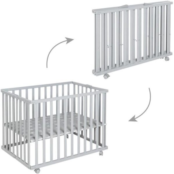 Parc bébé pliable - ROBA - LITTLE STARS  - 75 x 100 cm - Hauteur réglable - 4 Roues freinées - Bois Laqué Gris Taupe - Motif Étoile