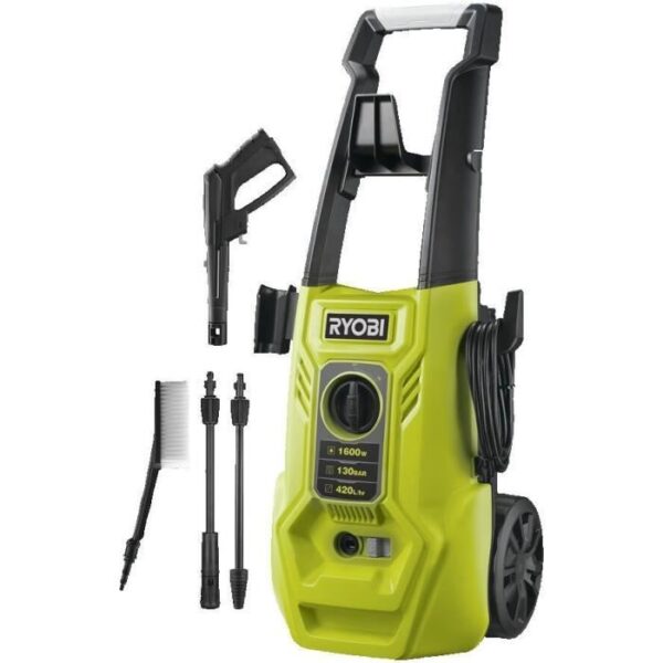 RYOBI - Nettoyeur haute pression 1600 W 130 bars - 420 L - flexible 5m, réservoir 0,9L + lances vario & turbo et brosse - RY130PWA