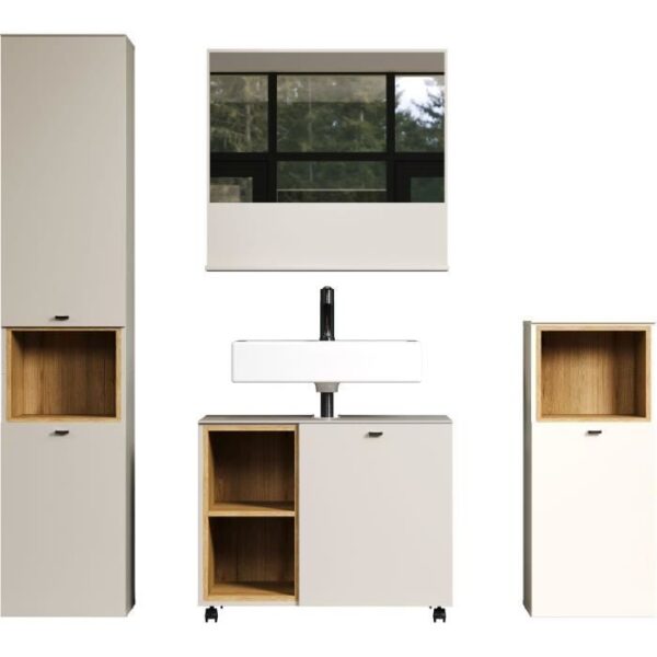 Salle de bain complete - Coloris Cachemire - L180 x H186 x P42 cm - Colonne + Miroir + Meuble sous vasque + rangement bas- SAO PAULO
