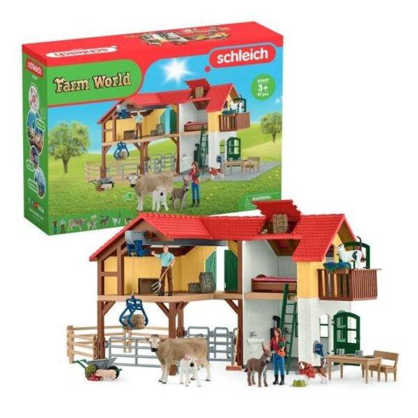 Ferme avec étable et animaux, coffret de 97 pieces avec figurines, Schleich 42407 Farm World, Des 3 ans